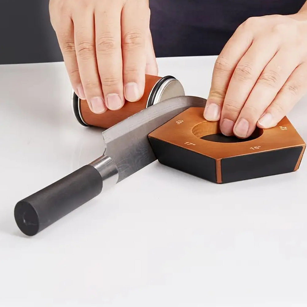 Rolling Knife Sharpener Kit with 6 Diamond Discs and Angle Guide Base - Brown Pentagon