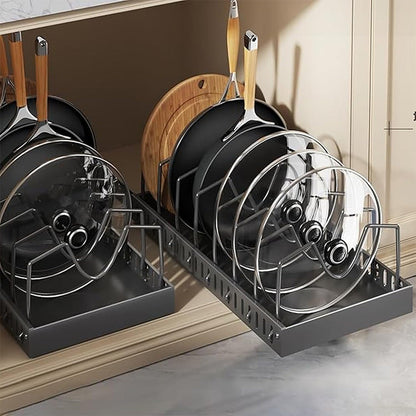 Vertical Pull Out Organizer for Pots and Pans Sliding Storage Rack with Dividers for Kitchen Black