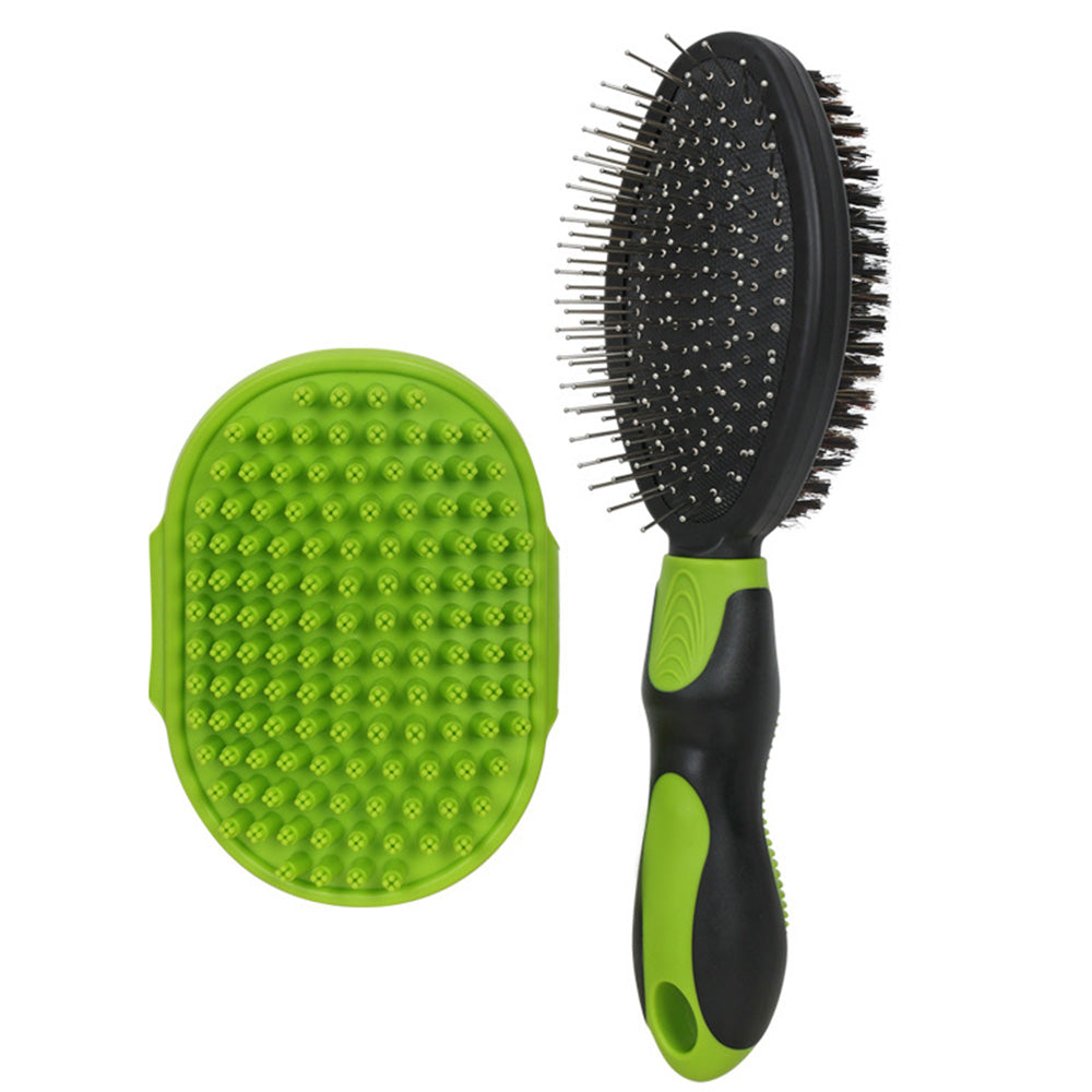 2 Pack Pet Grooming Brush Set Deshedding Double Sided Comb Massage Brush for Cats Dogs Horses-Green