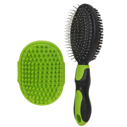 2 Pack Pet Grooming Brush Set Deshedding Double Sided Comb Massage Brush for Cats Dogs Horses-Green