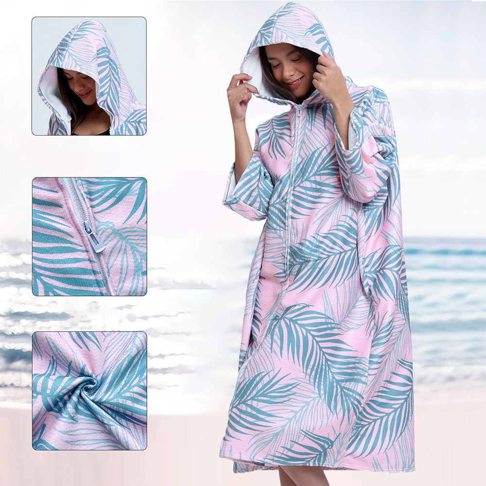 Unisex Hooded Towel Poncho Swim Parka for Adults - Pink Leaf