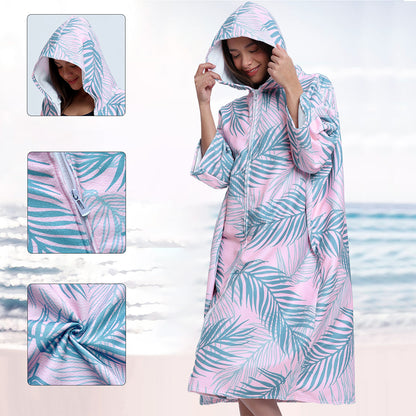 Unisex Hooded Towel Poncho Swim Parka for Adults - Pink Leaf