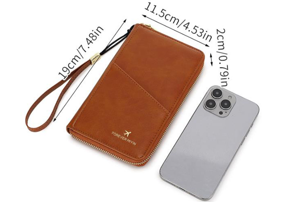 RFID Blocking Passport Wallet PU Document Organizer with Wristlet for Women -Brown