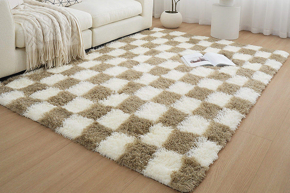 Checkered Plush Shaggy Rug Non Slip Carpet - Khaki