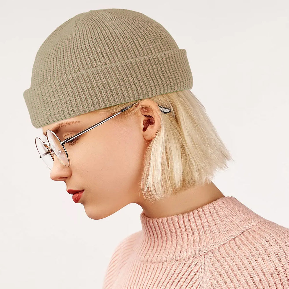 Unisex Mini Fisherman Beanie Winter Spring Hat Knitted Cap Beige