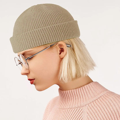 Unisex Mini Fisherman Beanie Winter Spring Hat Knitted Cap Beige