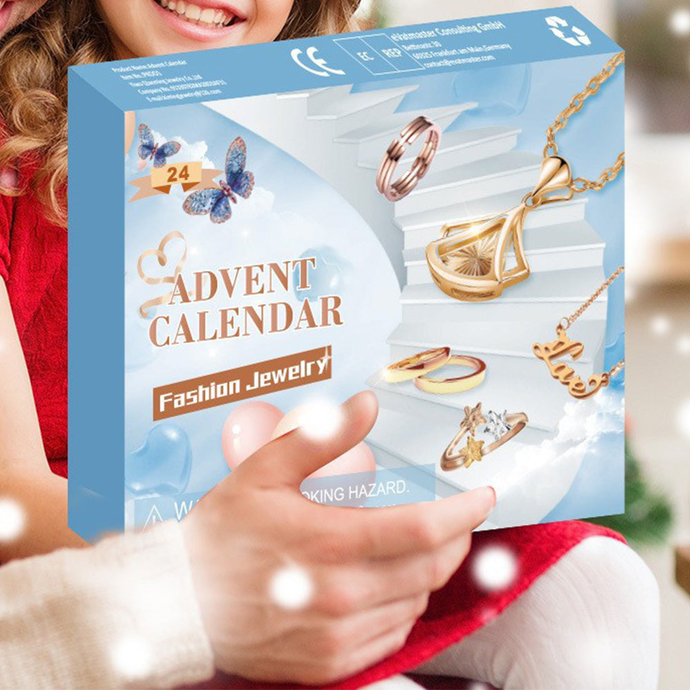 Christmas Jewelry Advent Calendar Set Earrings Rings Necklaces - Blue