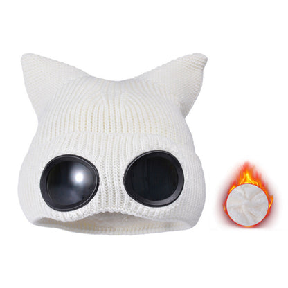 Double Layer Knit Winter Beanie with Goggles - White