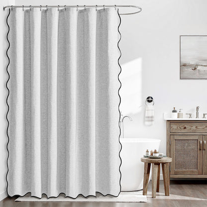Waterproof Shower Curtain Thick Boho Wavy Edge With Rustproof Hooks-Silver