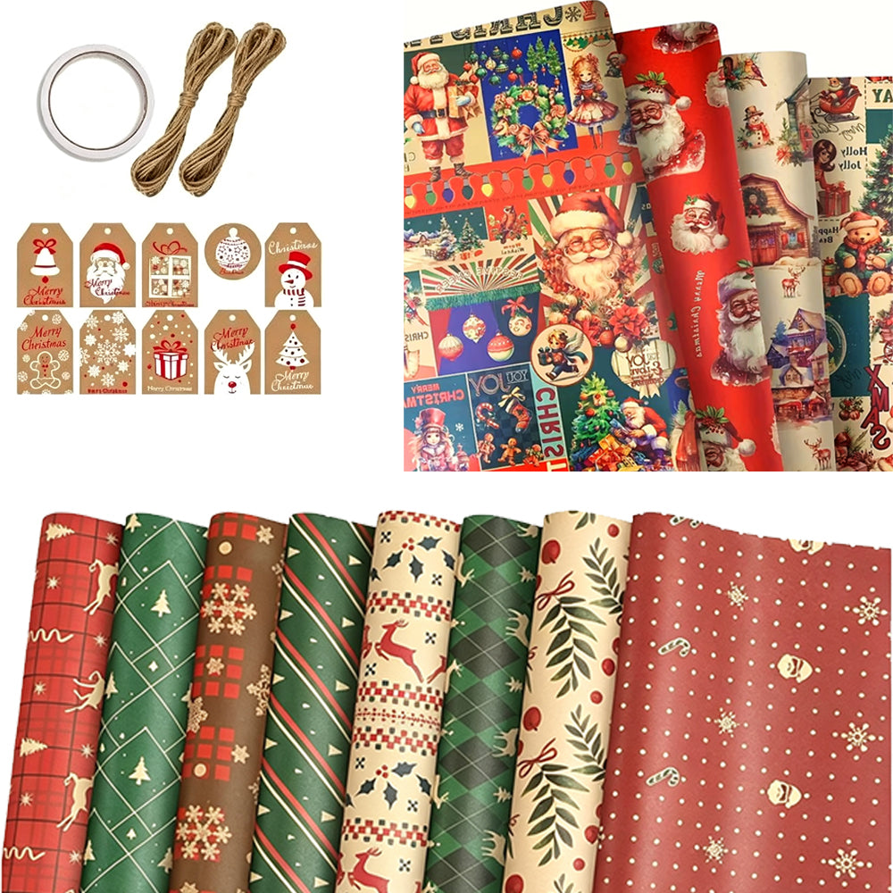 10 Sheet Christmas Gift Wrapping Paper Set Retro Christmas Wrapping Paper