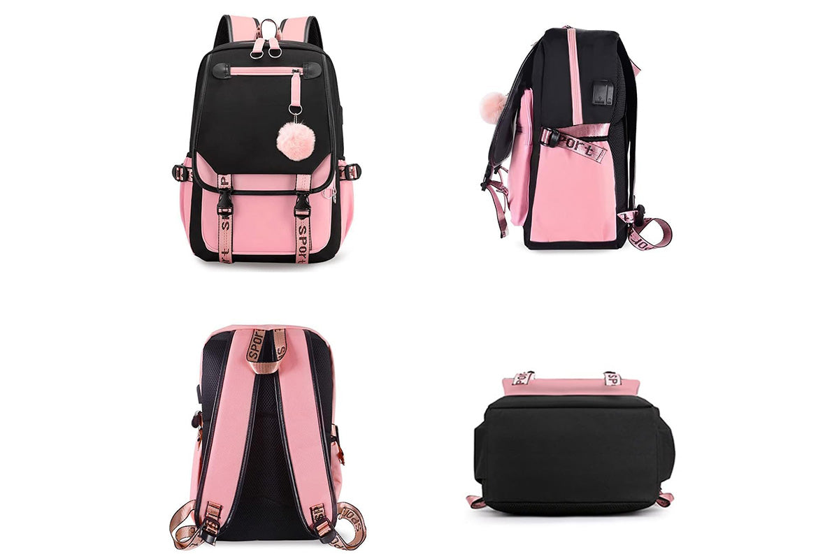 Girls Backpack Middle School Students Bookbag with USB Charge Port-Pink