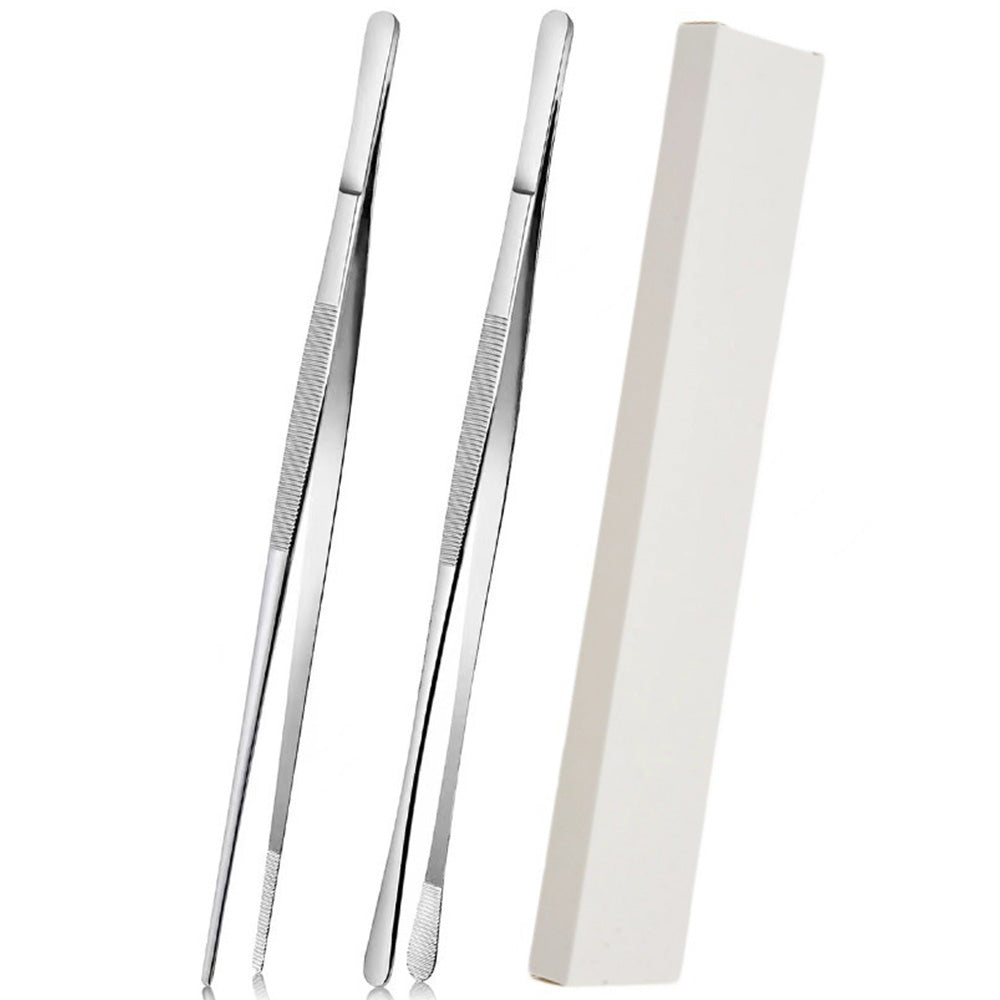 2 Pack 30cm BBQ Tongs Stainless Steel Round and Straight Head for Grilling Cooking-Silver