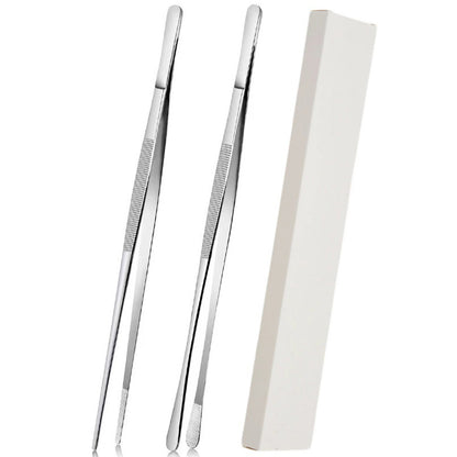 2 Pack 30cm BBQ Tongs Stainless Steel Round and Straight Head for Grilling Cooking-Silver