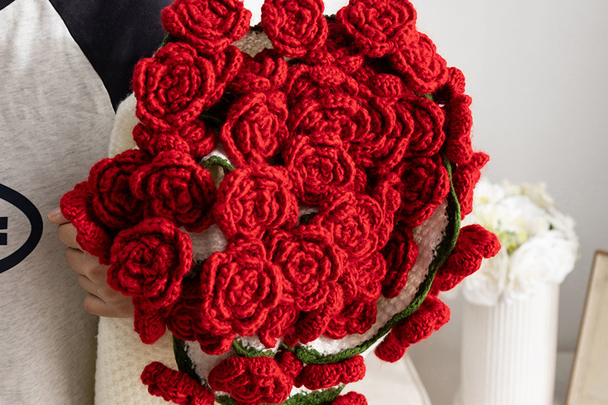 Handmade Knitted Flowers Rose Bouquet Blanket Knitted Throw Blanket -Red Camellia