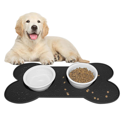 Dog Food Mats for Floors Waterproof Silicone Dog Bowl Mat with Raised Edge Black