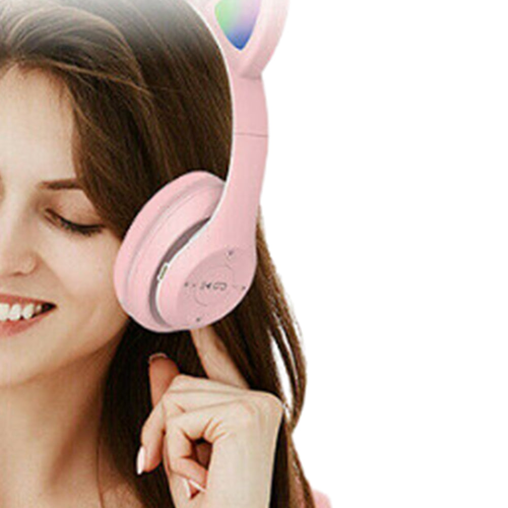 Bluetooth 5.0 Wireless Cat Shape Headphones with RGB Light Foldable Headset Pink
