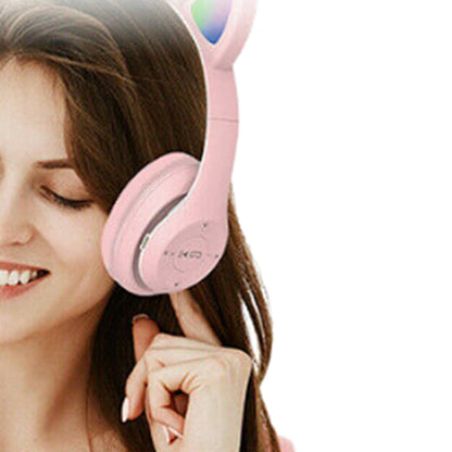 Bluetooth 5.0 Wireless Cat Shape Headphones with RGB Light Foldable Headset Pink