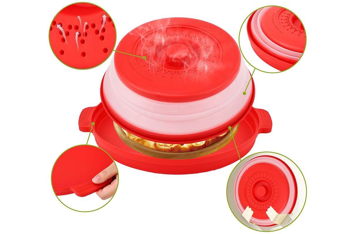 Microwave Food Splatter Cover with Drip Tray and Handles-Red