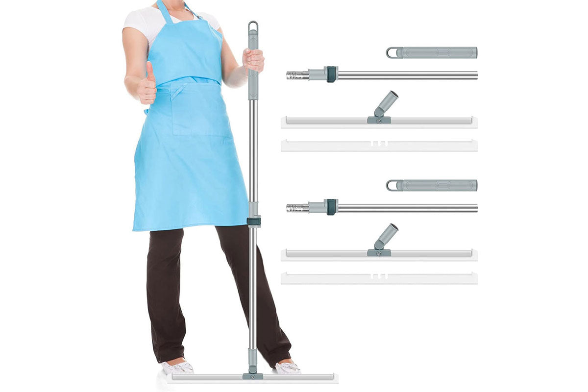 Floor Squeegee with Adjustable Long Handle 50cm Silicone Floor Brush Scrub Broom Scrubber-Squeegee Head and 4pcs Separate rubber strip