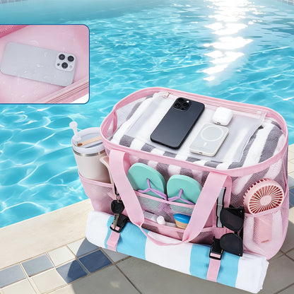 Mesh Beach Bag Large Capacity Tote Bag - Pink
