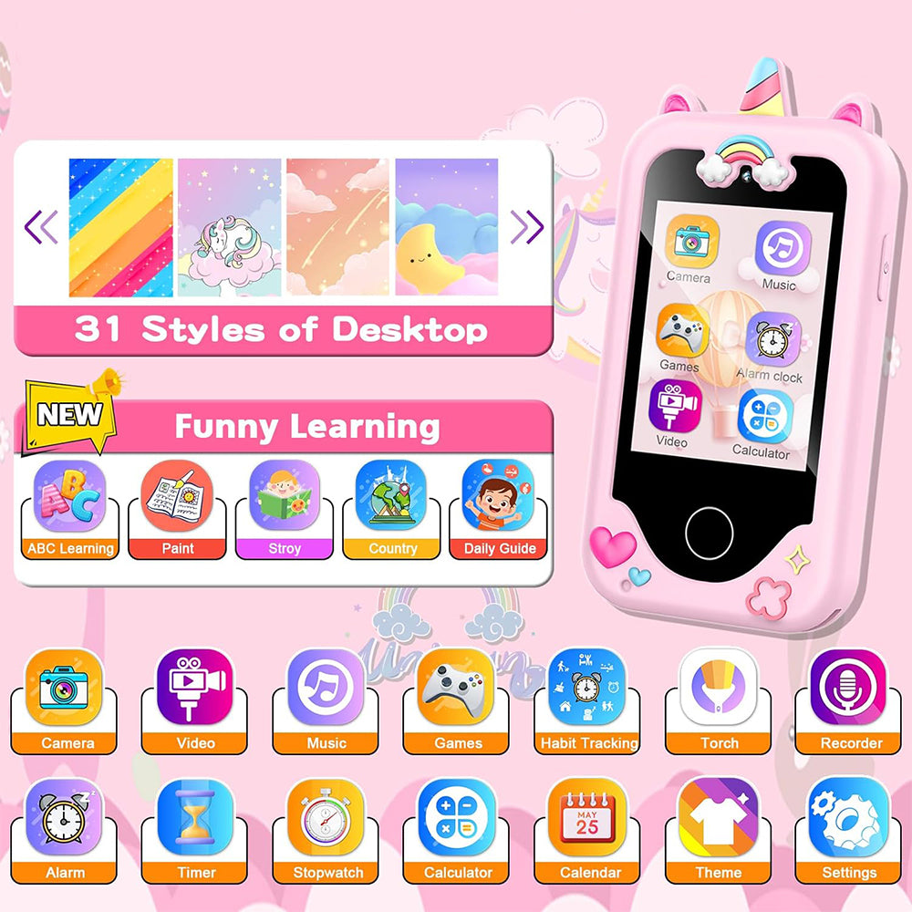 Kids Smart Phone Touchscreen Learning Play Toy Phone with Dual Camera Pink