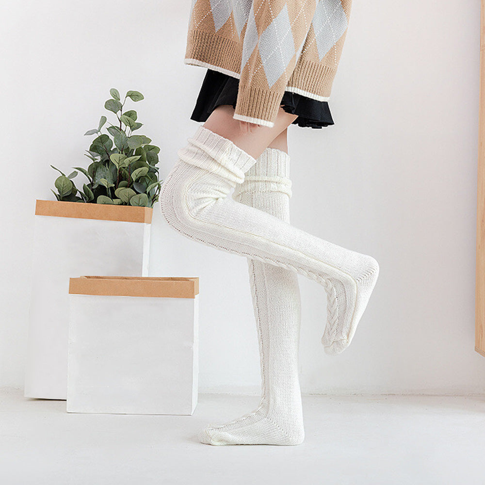 Women's Knitted Over Knee Socks Thick and Warm Long Stockings-White