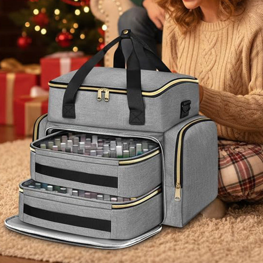 Double Layer Portable Nail Polish Organizer Bag with Removable Pouches-Grey