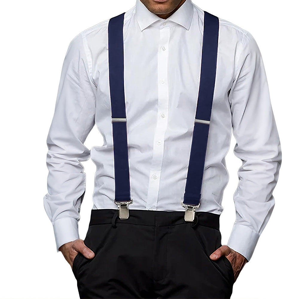 Mens X Back Elastic Suspenders with 4 Metal Clips - Navy