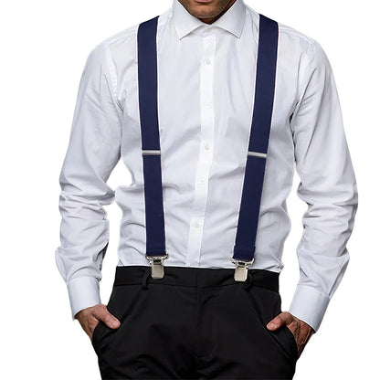 Mens X Back Elastic Suspenders with 4 Metal Clips - Navy