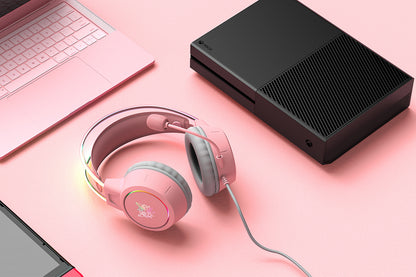 Gaming Headset with Microphone RGB Lighting Wired Over Ear Headphones Surround for PC Laptop PS4 PS5 Xbox Switch -Pink