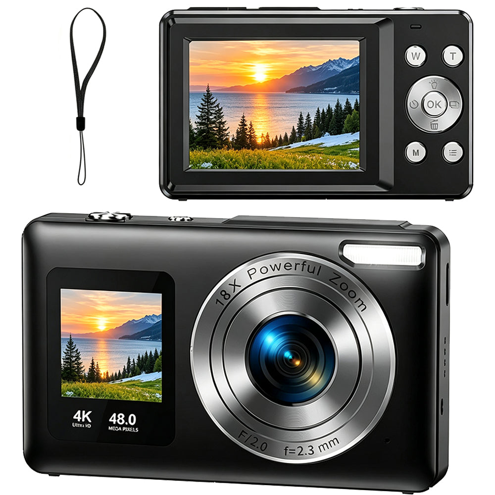 4K Digital Camera Dual Screen Selfie Camera for Vlogging - Black