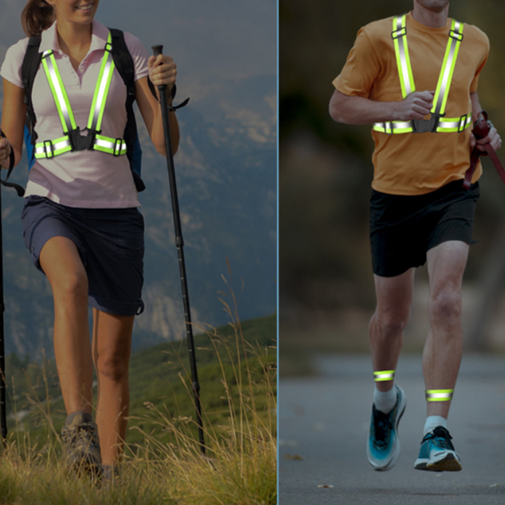 2Pcs Adjustable Reflective Vests and 4 Bands High-Visibility Elastic Gear for Night Running Cycling Green