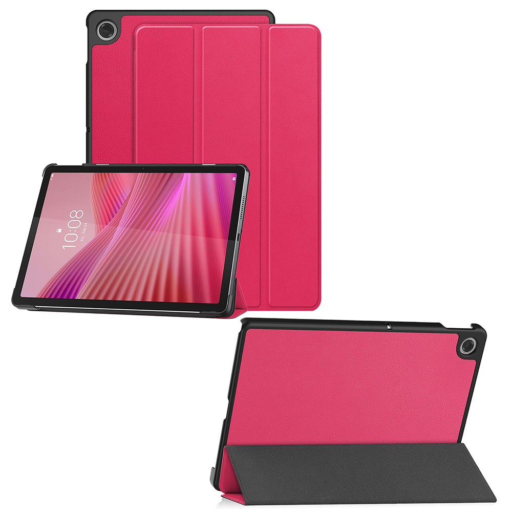 Tri-Fold Stand Case Leather Smart Cover for Lenovo Tab TB311FU 2025 10.1 Inch Rose Red