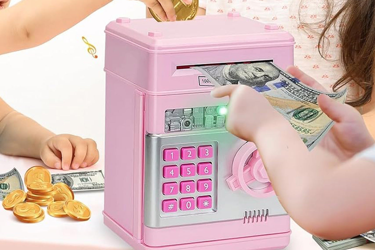 Electronic ATM Piggy Bank with Password Lock Money Coin Saving Box Toys for Little Ones Gifts -Light Pink