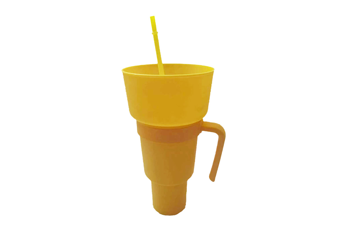 Reusable Tumbler Popcorn Cup Beverage Snack Multifunctional Split Cup With Straw-Yellow