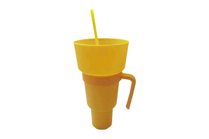Reusable Tumbler Popcorn Cup Beverage Snack Multifunctional Split Cup With Straw-Yellow