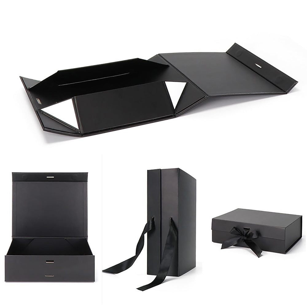 Luxury Foldable Gift Box with Easy Attached Lid and Ribbon - Black