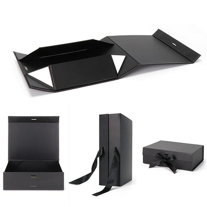 Luxury Foldable Gift Box with Easy Attached Lid and Ribbon - Black