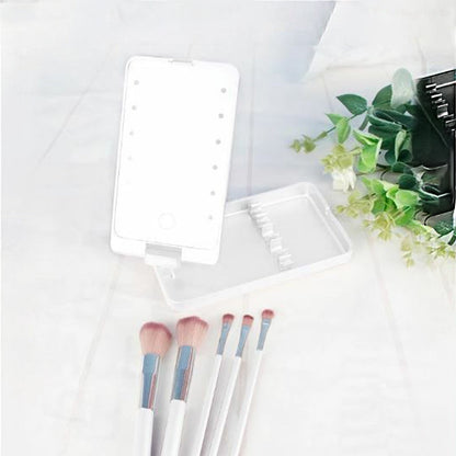 Rotating LED Vanity Mirror with 5 Cosmetic Brushes Portable Travel Makeup Mirror with Light White