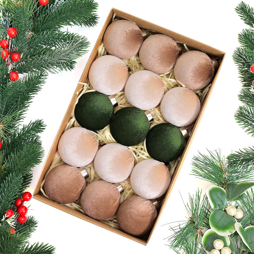 15Pcs Set Christmas Tree Ornaments 6cm Velvet Balls Xmas Decorations Green