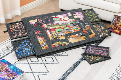 Foldable Felt Puzzle Board with 6 Drawers for 1000 Pieces Dark Grey