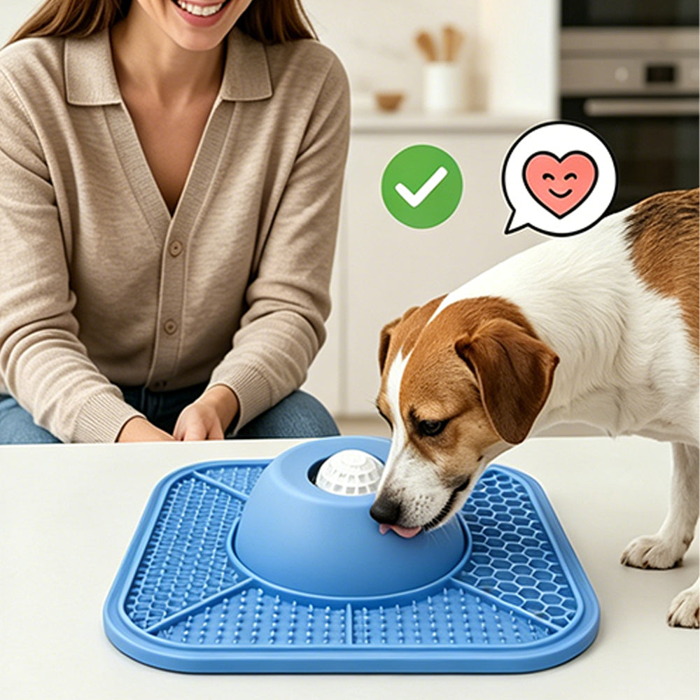 2 in 1 Dog Slow Feeder Bowl with Rolling Ball Lick Mat Non Slip Suction Cup-Blue