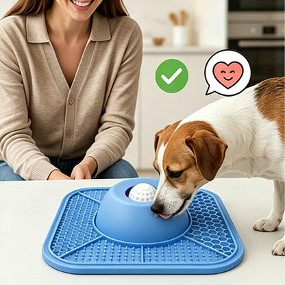 2 in 1 Dog Slow Feeder Bowl with Rolling Ball Lick Mat Non Slip Suction Cup-Blue