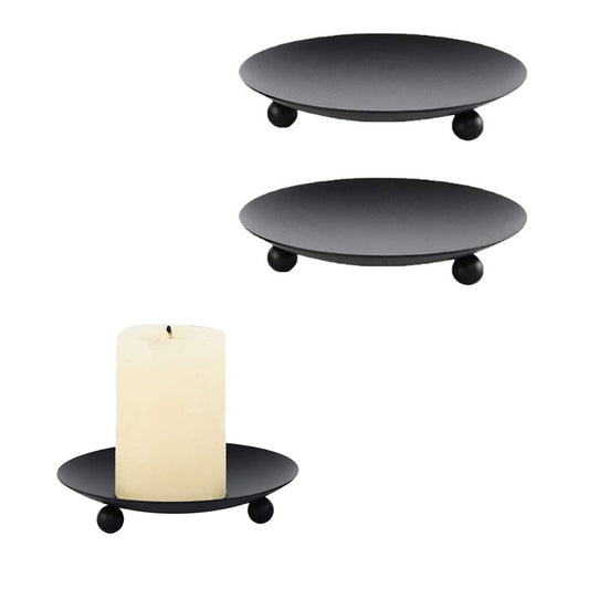 2Pcs Black Iron Plate Candle Holder Decorative Iron Pillar Candle Plate Candle Stand