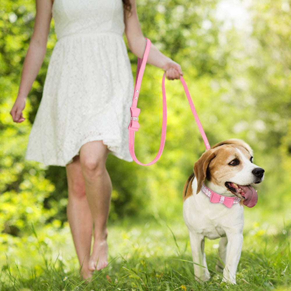 Dazzling Rhinestone Dog Collar and Leash Set with Bow Knot for Small Dogs and Puppies Pink