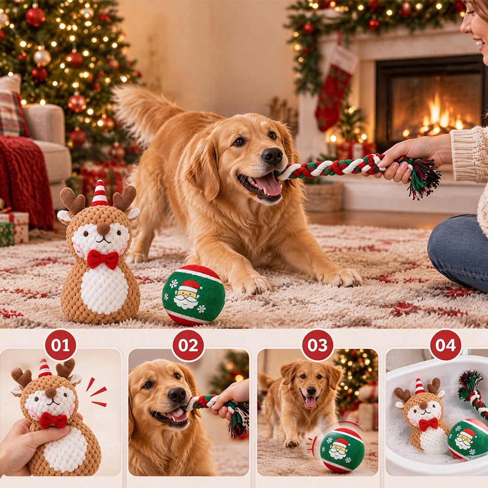 3 Pack Christmas Pet Squeaky Toy Gift with Plush Ball and Chew Rope - Deer