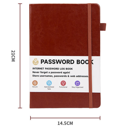 Password Book with Tabs PU Leather Internet Password Logbook with Elastic Band Brown