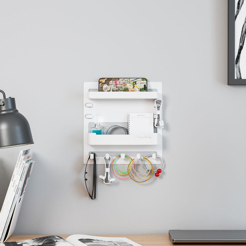 Bedside Shelf Accessories Organizer Wall Mount Self Stick On Cool Stuff for Bedroom Storage and Organization-White