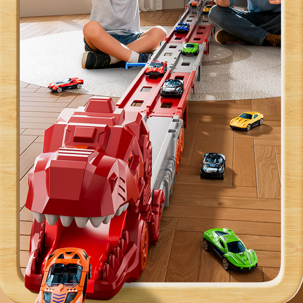 Foldable Dinosaur Truck with Dual Tracks and 6 Small Cars - Red