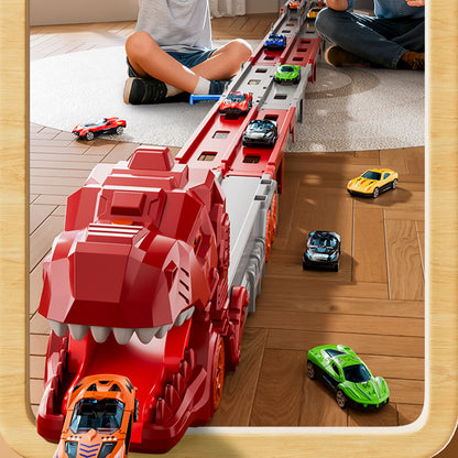 Foldable Dinosaur Truck with Dual Tracks and 6 Small Cars - Red